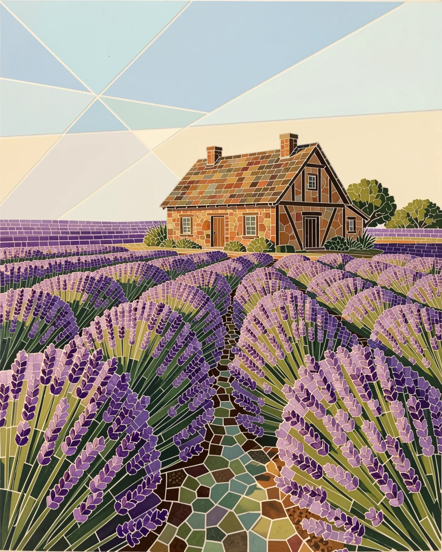 A field of lavender rows leading to a rustic countryside cottage.