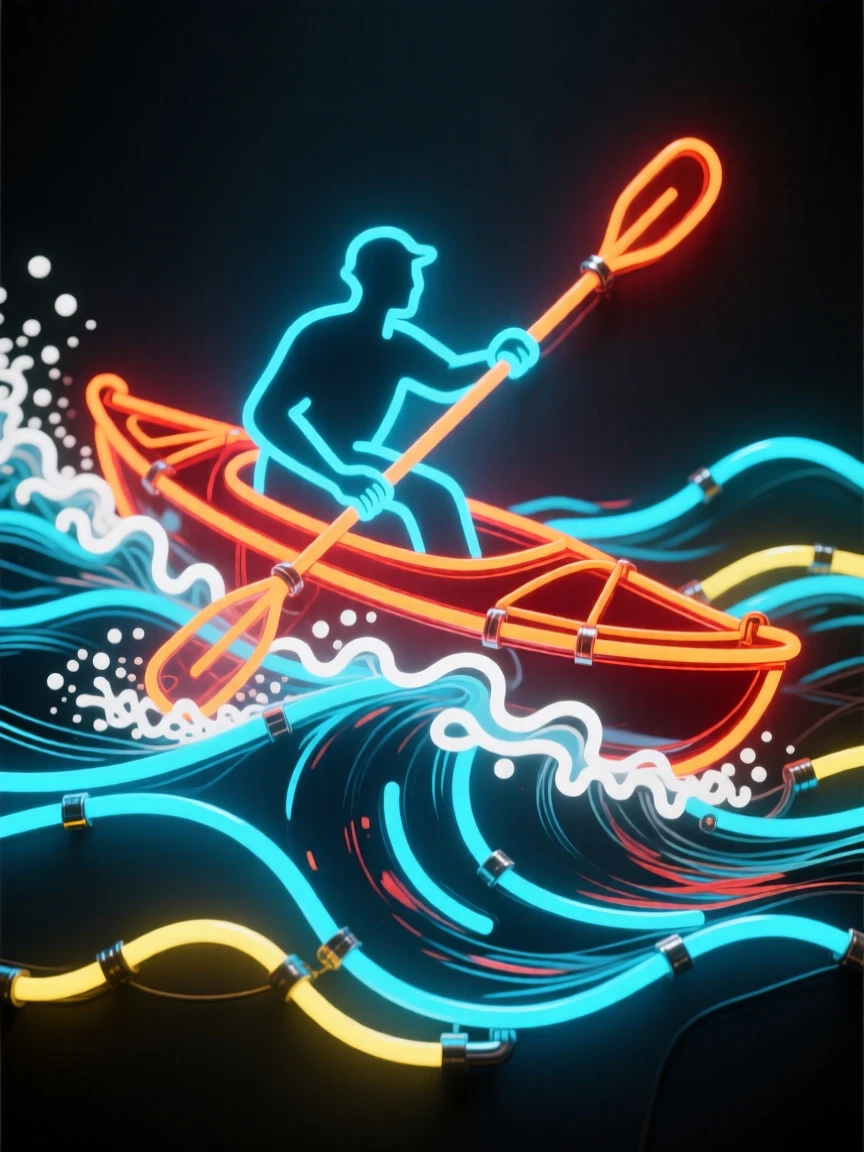 A kayaker navigating a churning whitewater rapid.