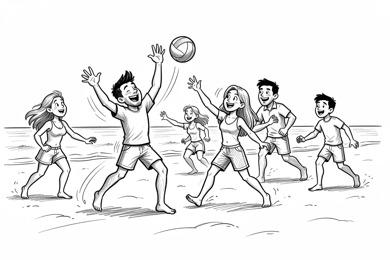 A group of friends playing beach volleyball across a wide sandy beach.