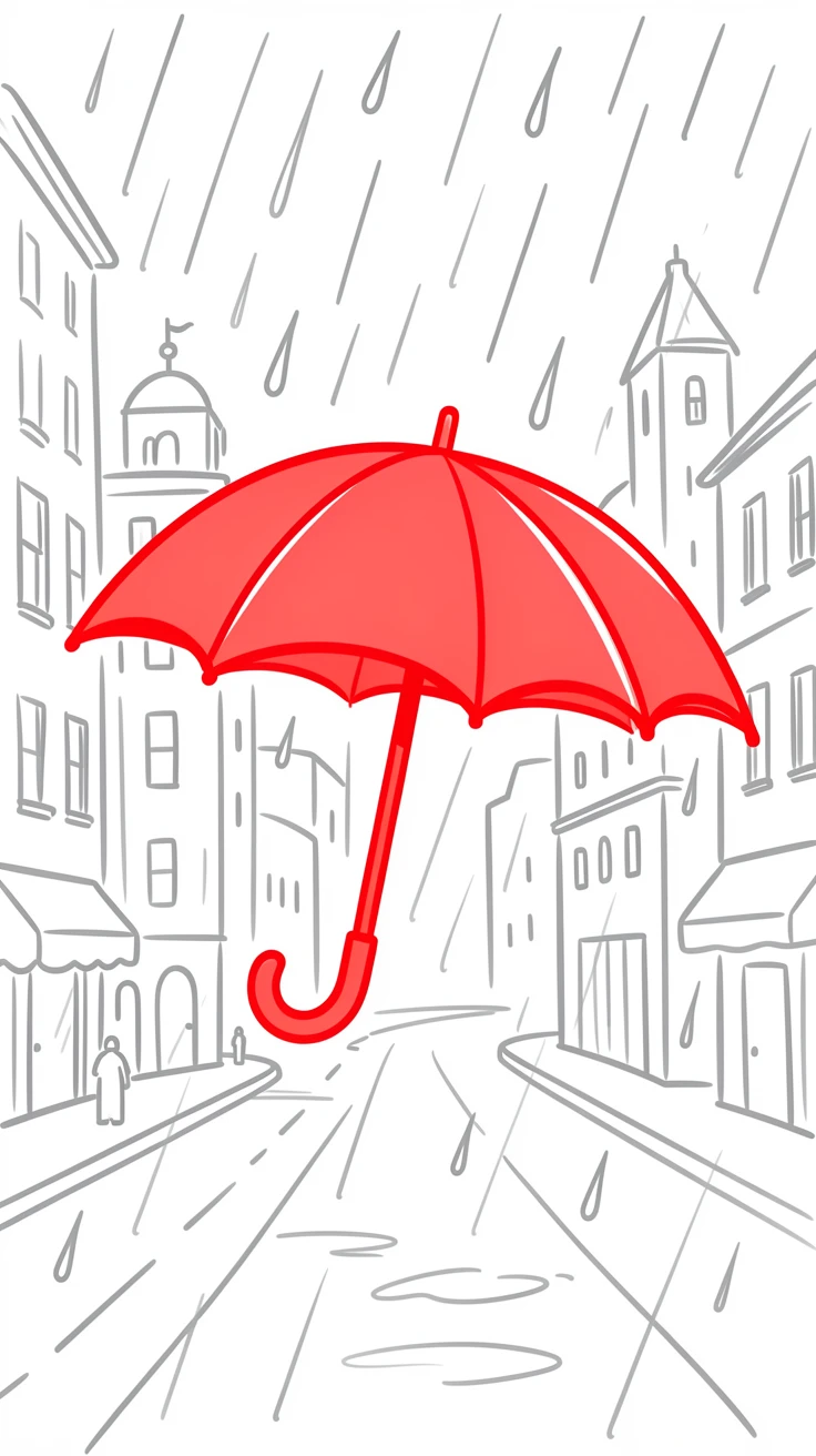 A single red umbrella standing out against a gray rainy cityscape.