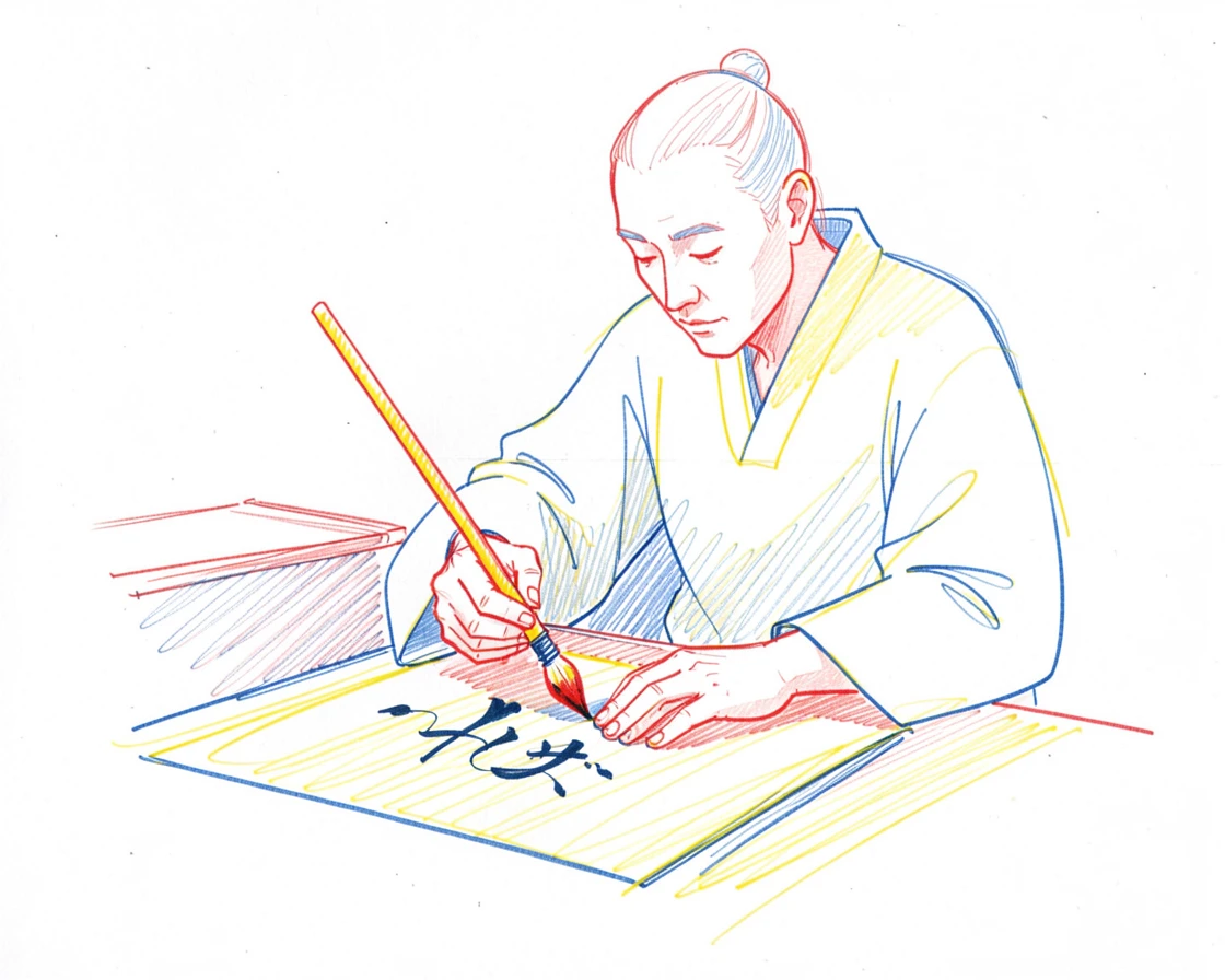 A calligrapher forming elegant strokes with an ink brush