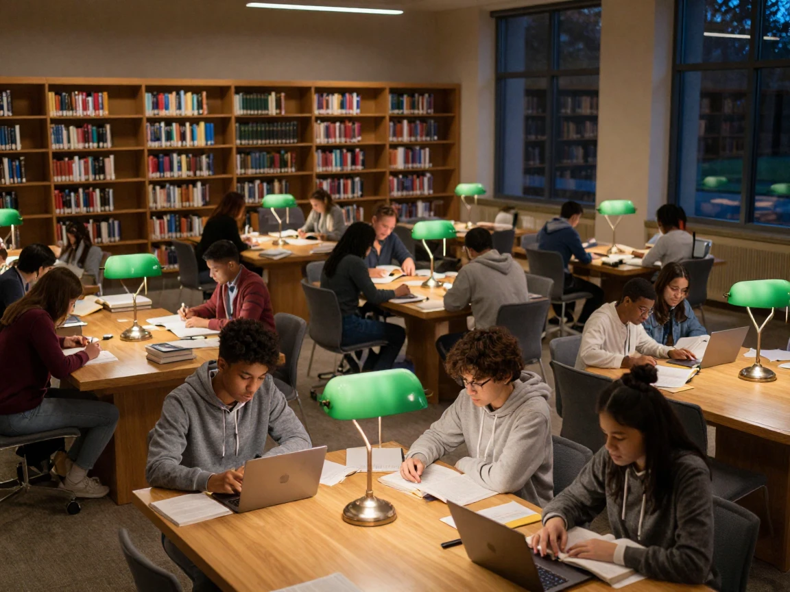 A university library filled with students studying late at night