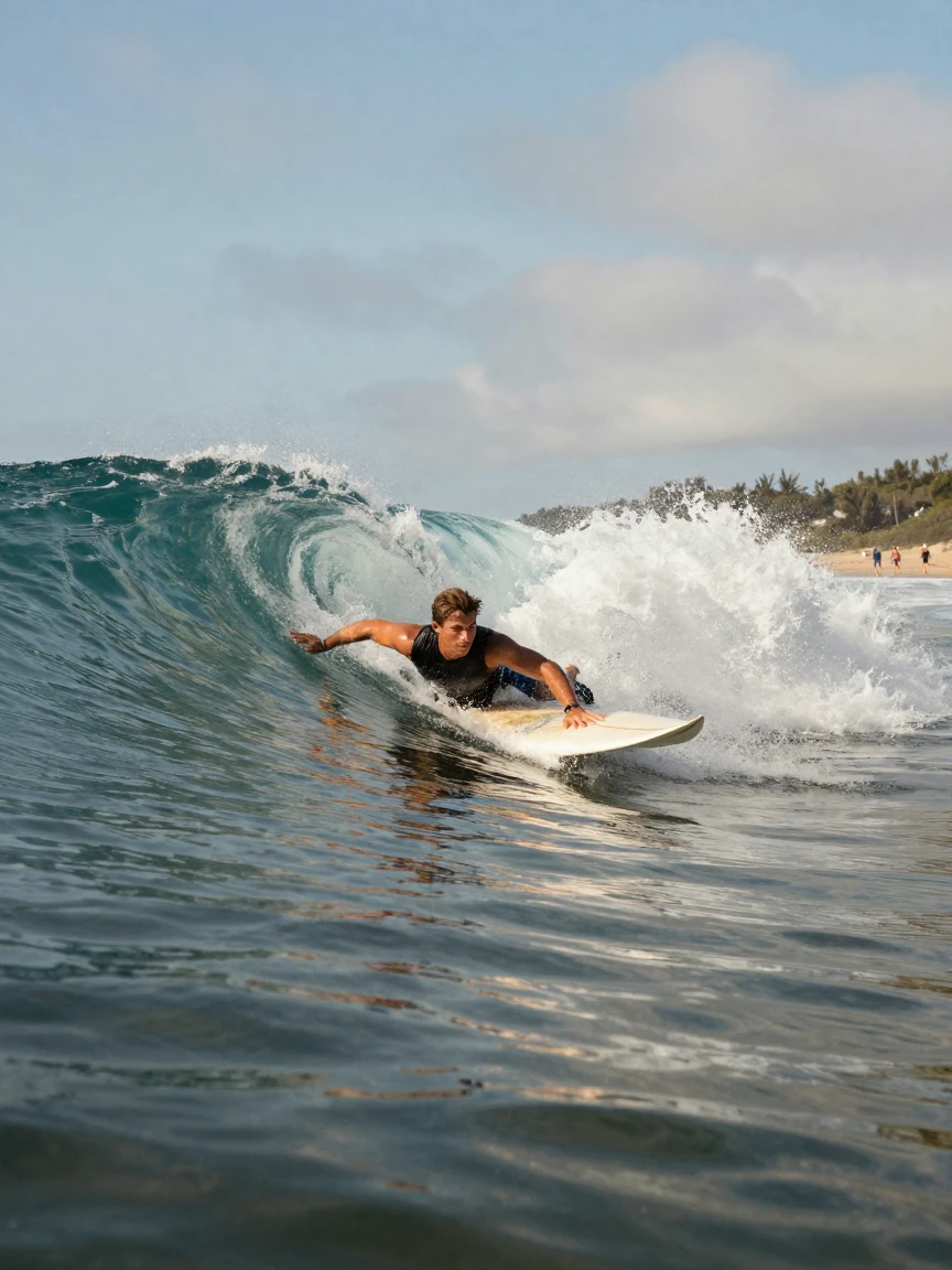 A surfer paddles hard to catch a rising wave just before it curls over.
