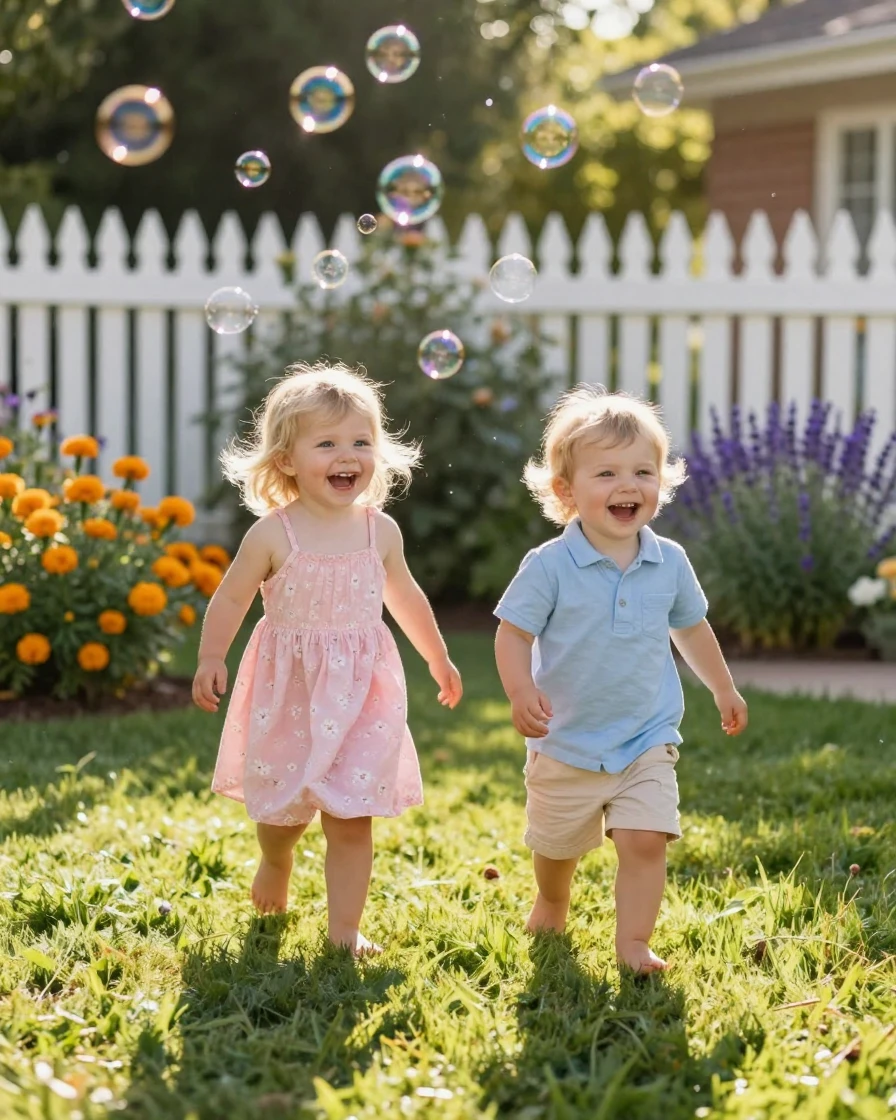 Twin toddlers giggling as they chase soap bubbles across a backyard lawn in summer
