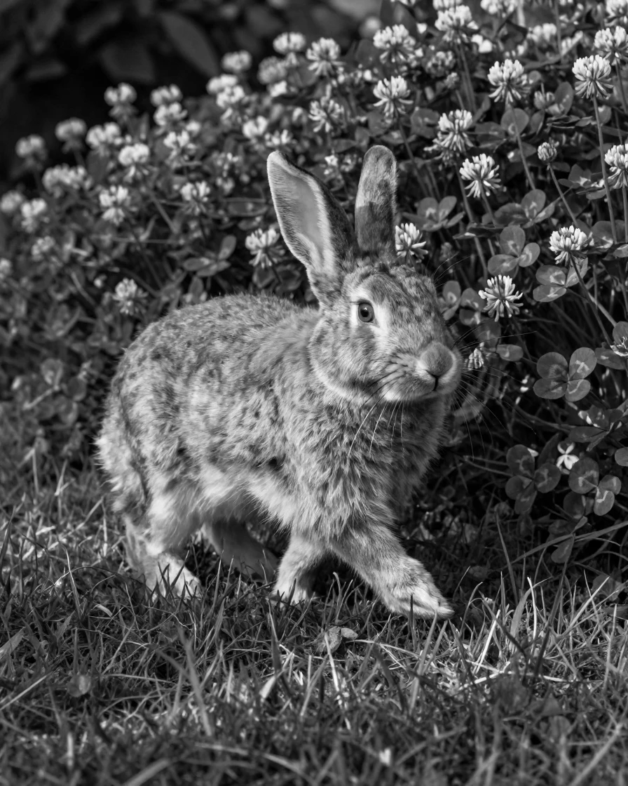 A pet rabbit hops through a garden of clover across a sunny lawn.