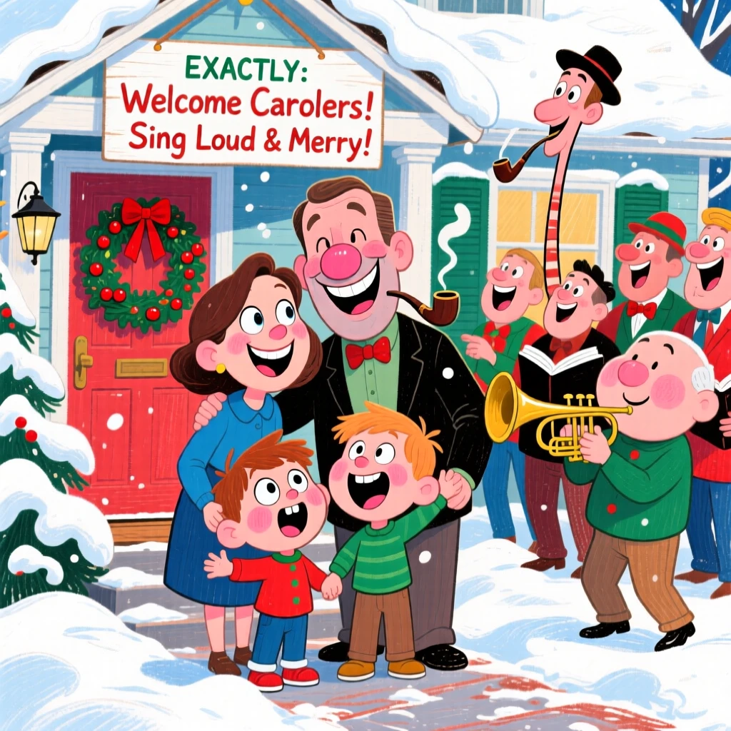 A family celebrating Christmas with carolers singing outside a snow-covered home.