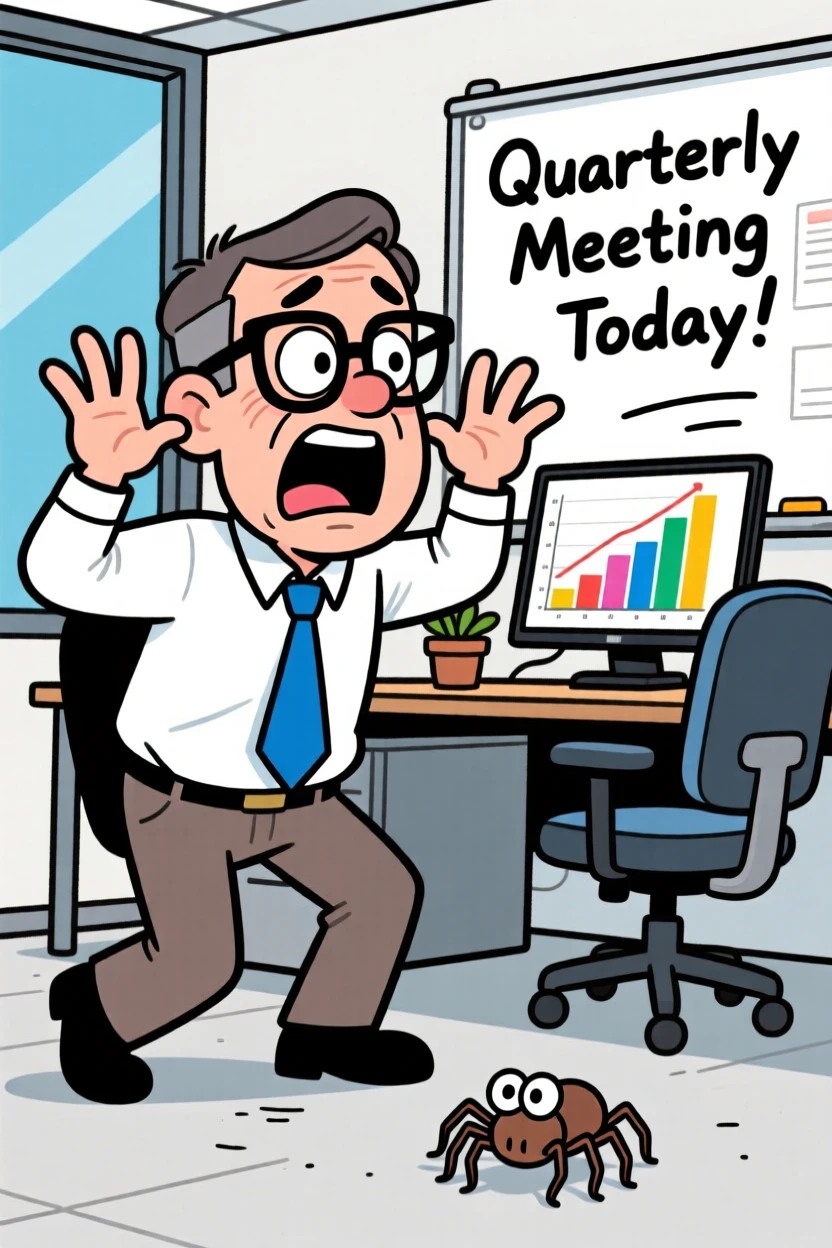 A funny expressive moment showing a office worker overreacting dramatically to a tiny spider, with wide eyes and an open-mouthed grin.
