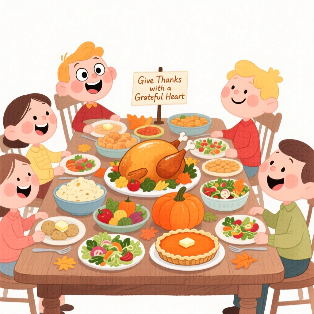 A joyful celebration scene of a Thanksgiving table piled high with autumn harvest dishes, filled with warmth and laughter