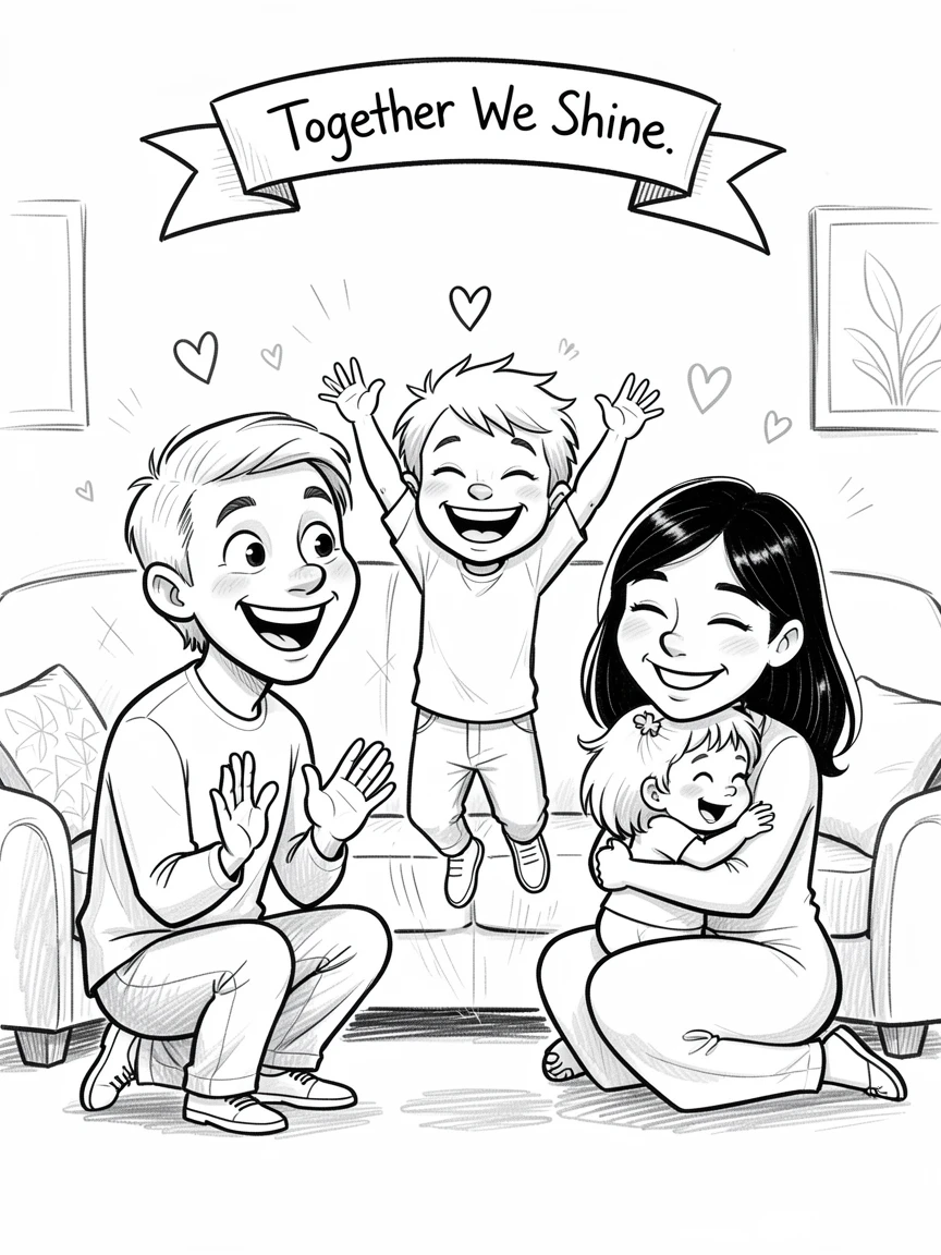 [Family & Relationship Moments] Heartwarming scene of a playful foster family celebrating a small victory together, radiating love and warmth