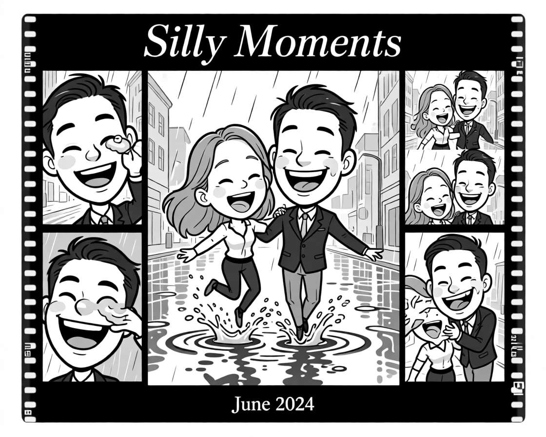 A couple taking a goofy photo booth strip together, splashing through the puddle with matching oversized grins, set on a busy rain-slicked city street. A smear of frosting decorates one eyebrow. There's a tender sweetness beneath all the silliness.