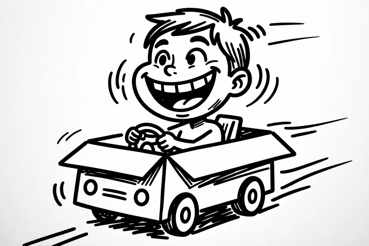 A child pretending to drive a cardboard box car with a huge imaginative grin.
