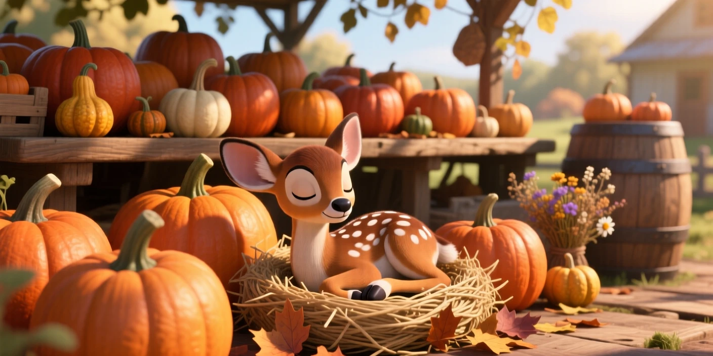 A spotted fawn is hiding among rows of pumpkins at a farm stand, burrowing into a cozy nest. A gentle, sleepy calm fills the moment, with soft shadows framing the scene.