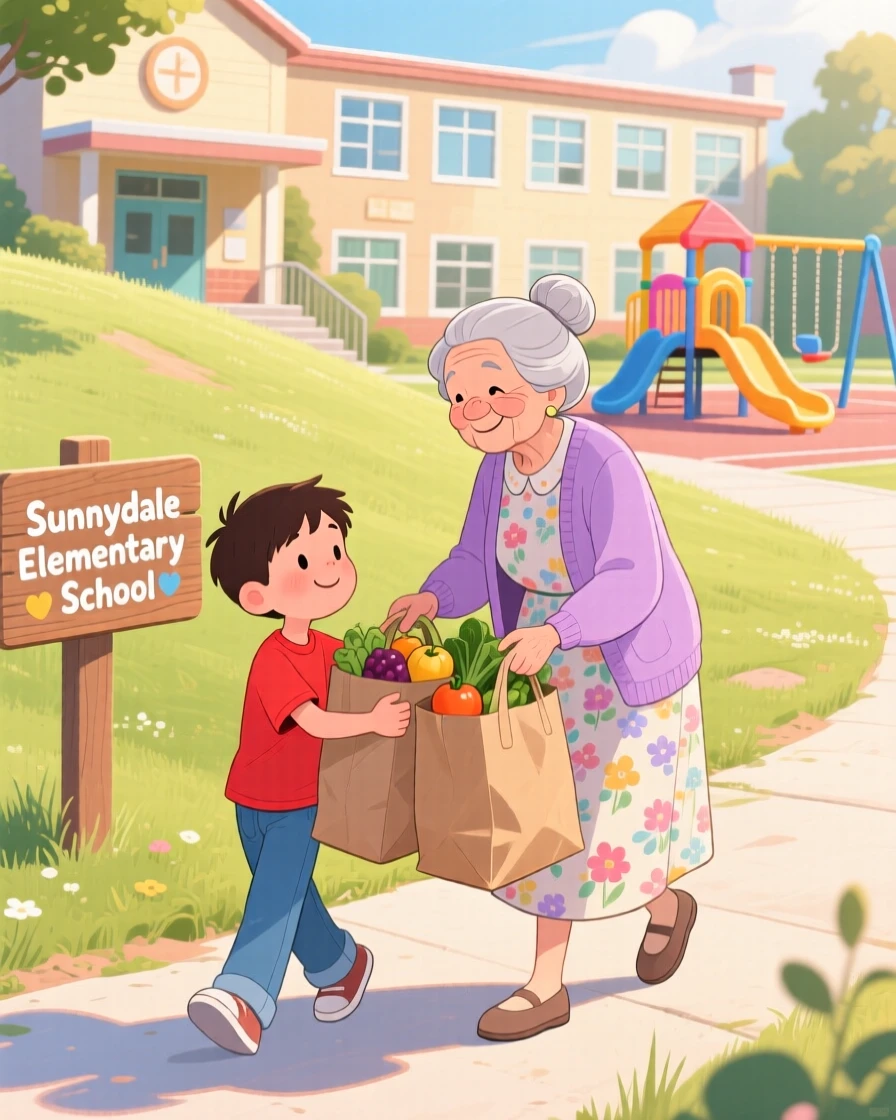 A young boy and an elderly neighbor share a tender moment helping carry groceries up a steep hill in a sunny schoolyard, with quiet gratitude in their eyes.