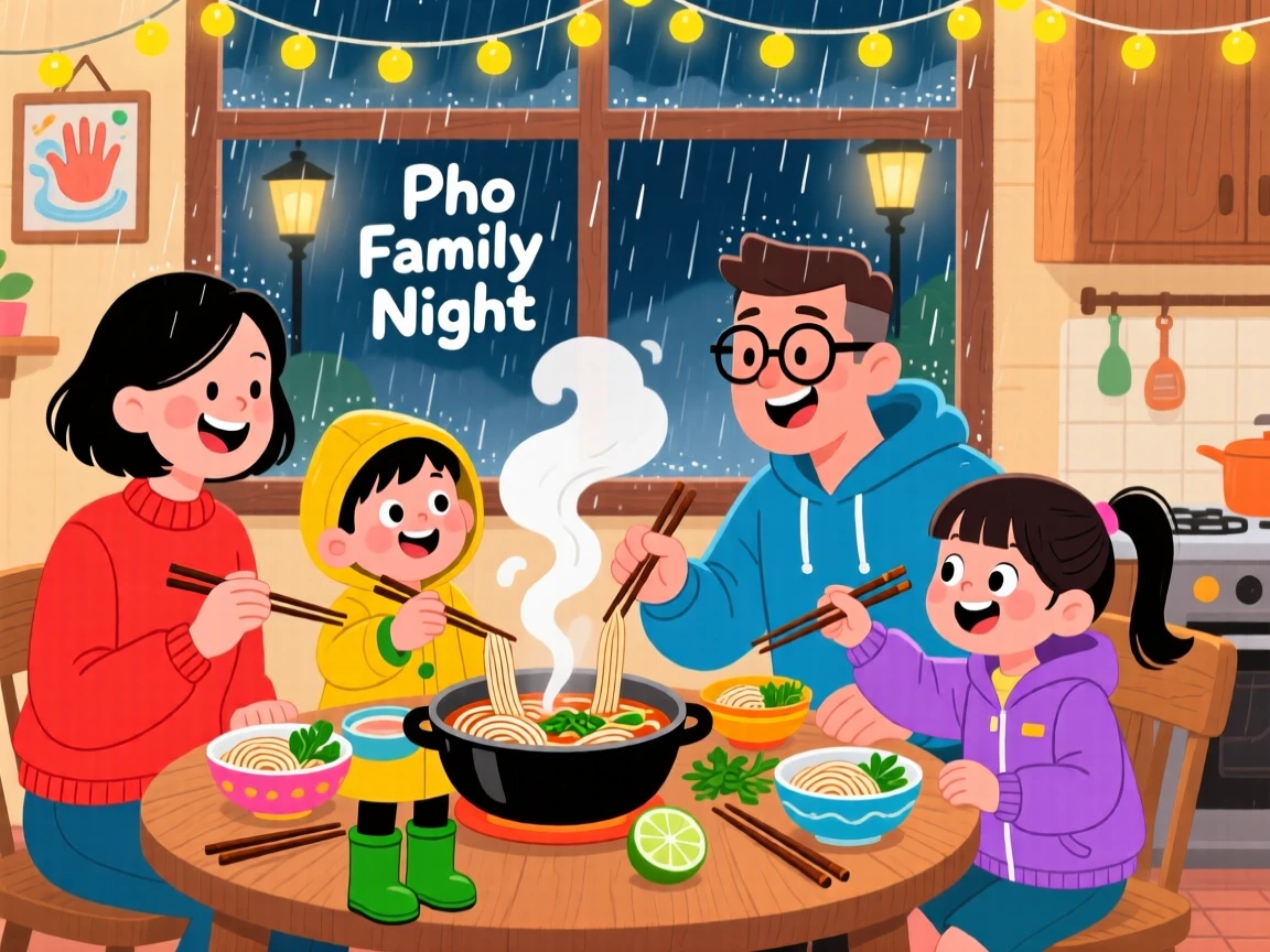 A family sharing a steaming pot of pho on a rainy evening.