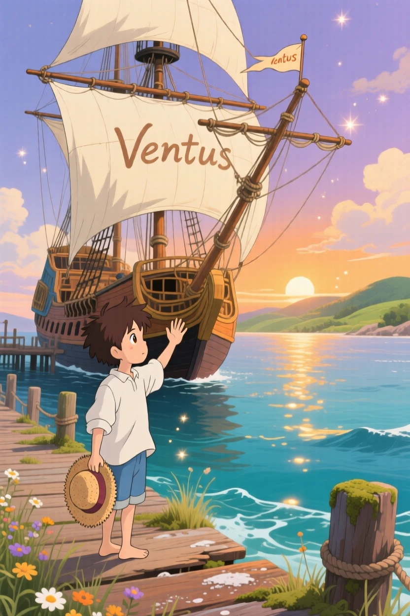 A tender moment of a young boy waving goodbye to a departing ship from the dock, the scene quietly moving.