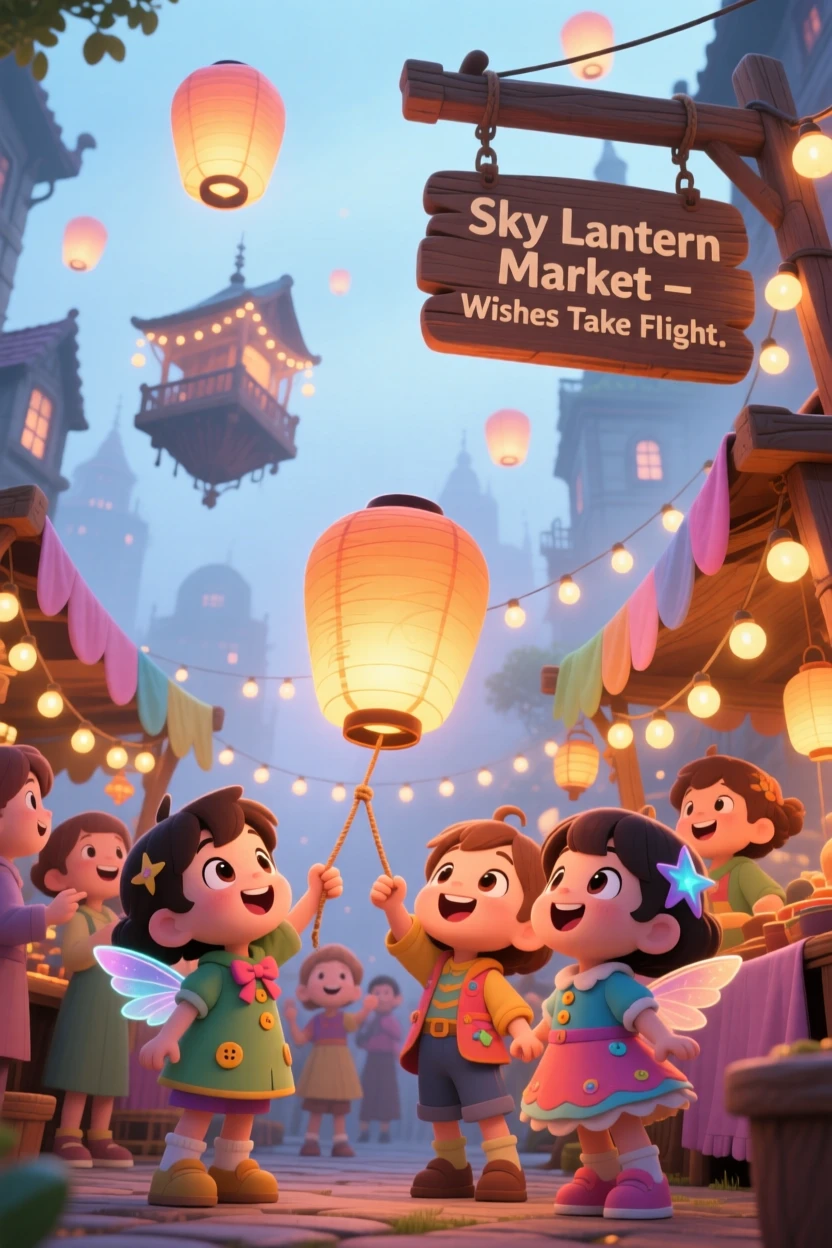 In a magical sky-city marketplace, townsfolk children are gathering at a floating lantern market on a misty foggy morning, bathed in glowing string lights, expression full of bubbly enthusiasm. Shot as a worm's-eye view.