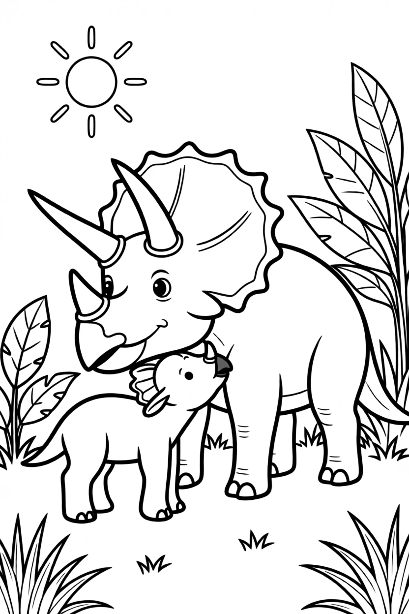 A Triceratops calf nuzzling its mother in a sunny clearing