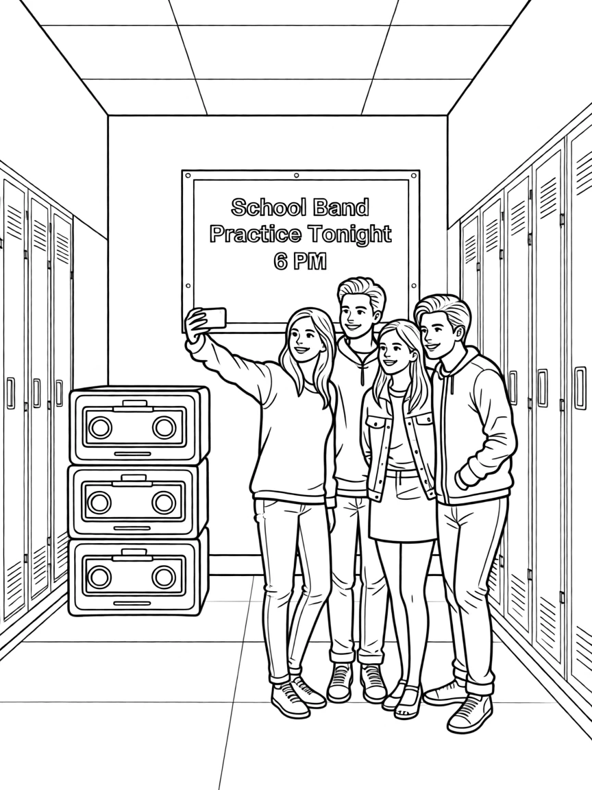 A group of friends taking a selfie in a school hallway, with amplifiers stacked in the background.