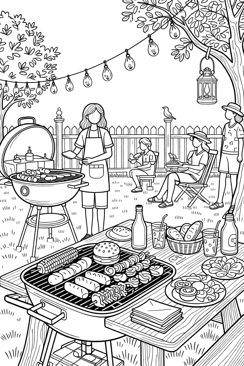 A summer outdoor barbecue scene with grilling food and string lights.