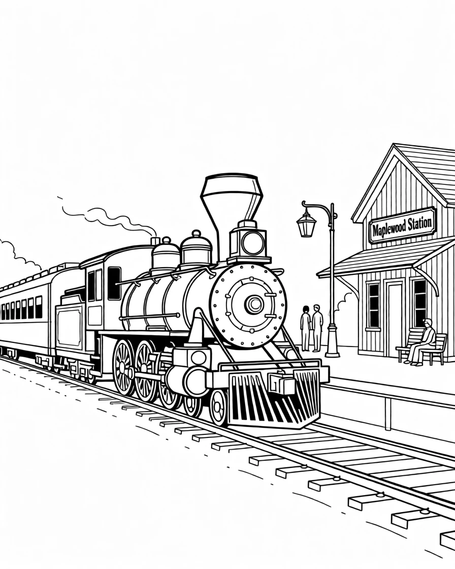 A vintage passenger train pulling into a small town station
