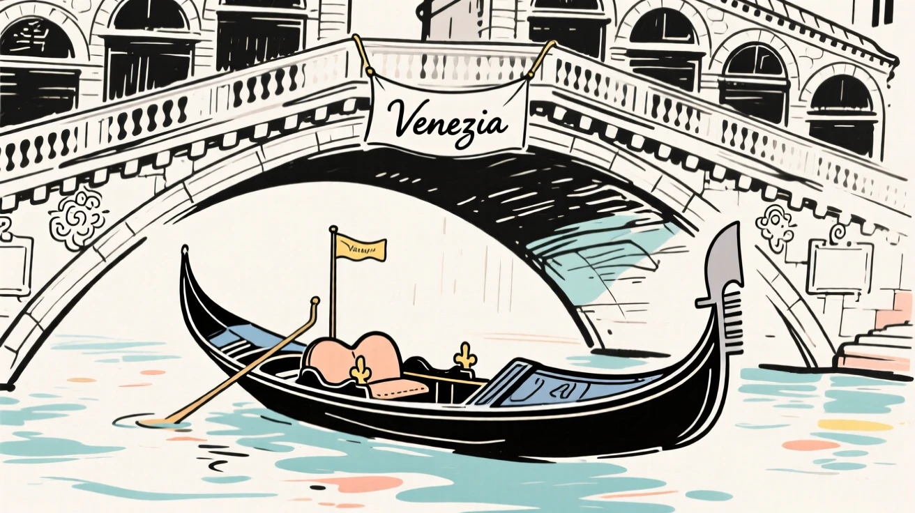 A Venetian gondola drifting beneath an ornate stone bridge.