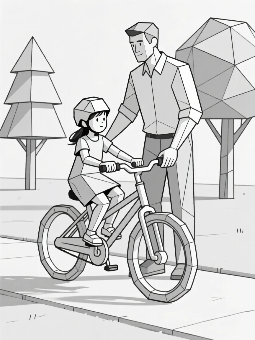 A father teaching his daughter to ride a bicycle