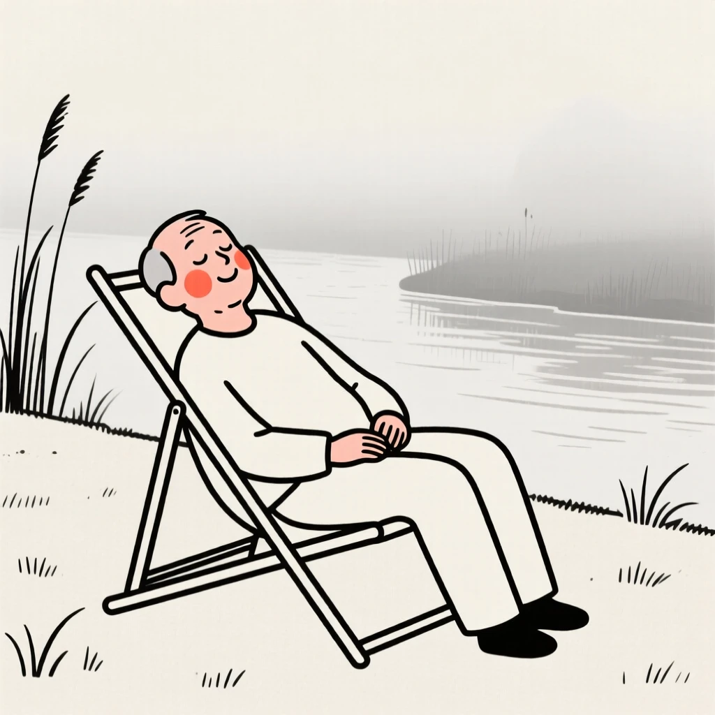 A retired man napping peacefully in a garden chair, on a misty riverbank.