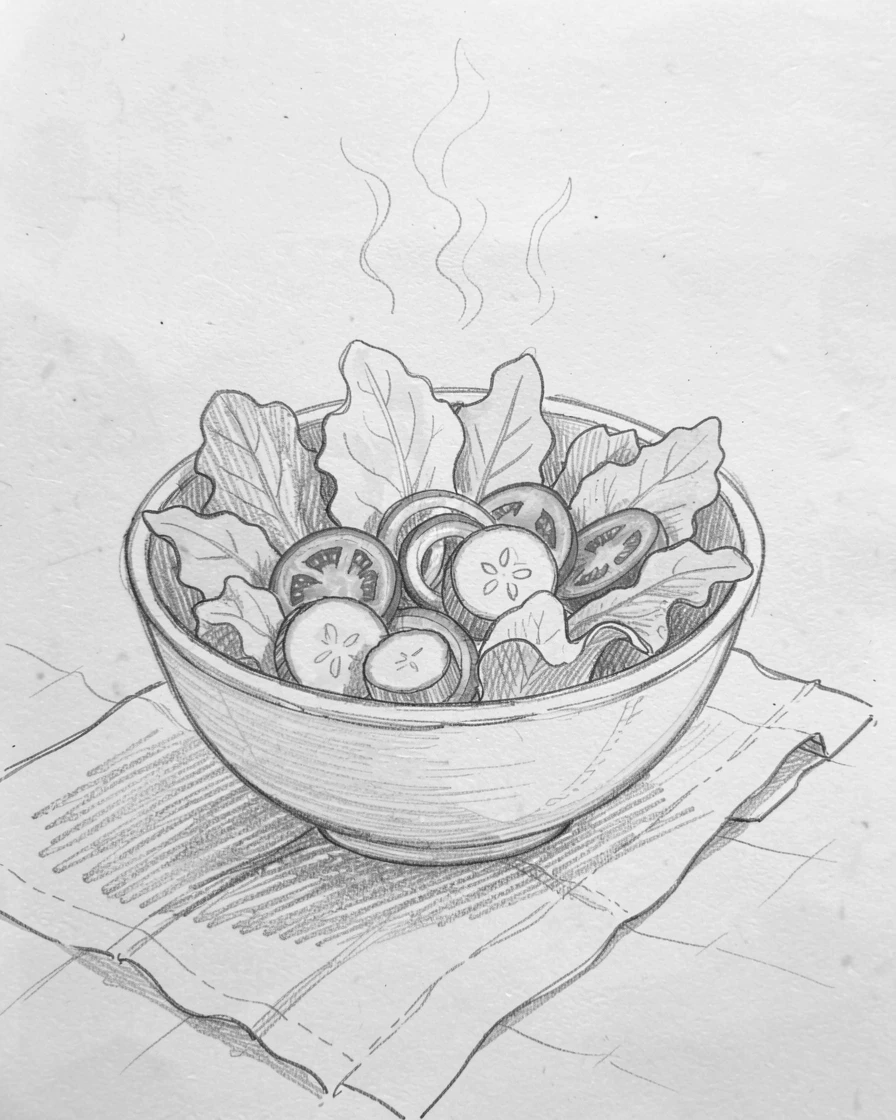 A bowl of fresh garden salad atop a linen tablecloth, with steam rising gently into the light.
