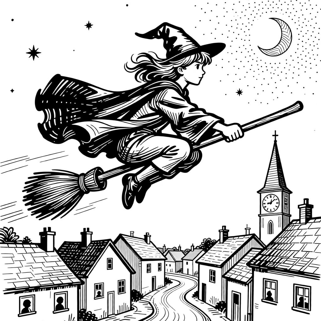 A young wizard riding a broomstick above a sleeping village at night.