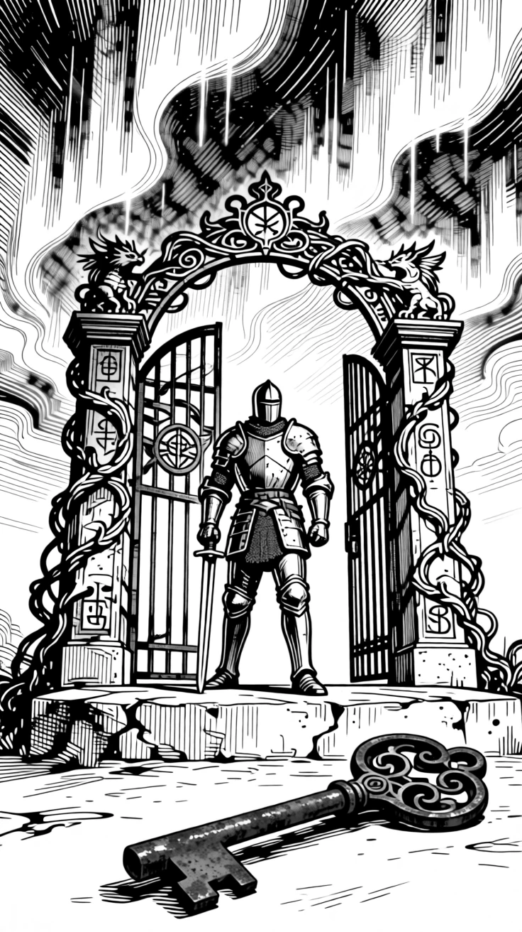 A knight standing before an enchanted gate under a sky streaked with aurora light, with an old iron key resting on a stone ledge, forming a majestic and mythical fantasy scene.
