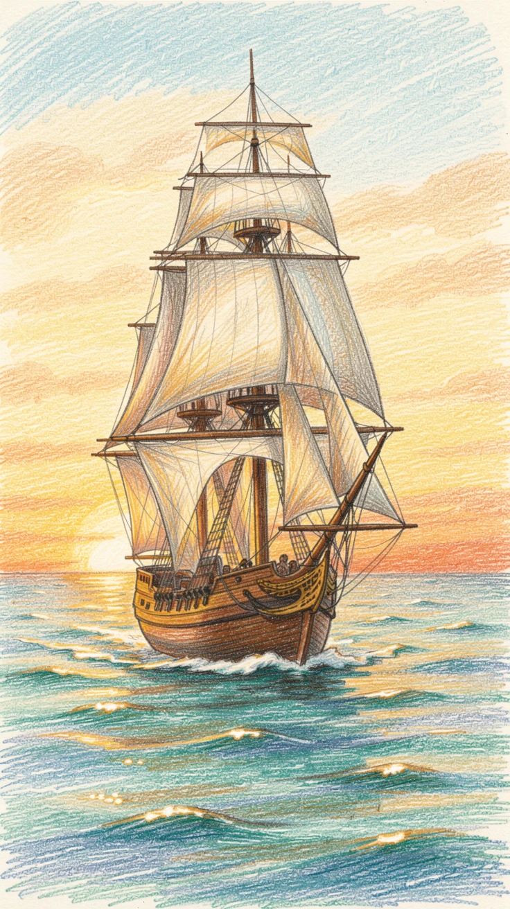 A tall ship sailing into a golden sunset on the open sea, framed thoughtfully to draw the eye toward the central subject, perfect for anyone drawn to gentle, heartfelt imagery.