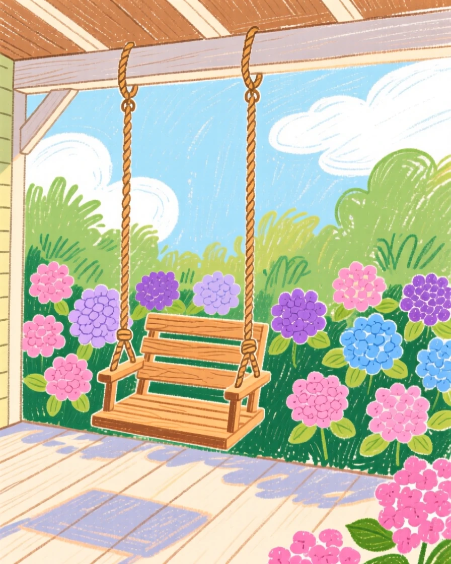 A porch swing overlooking a garden full of blooming hydrangeas.
