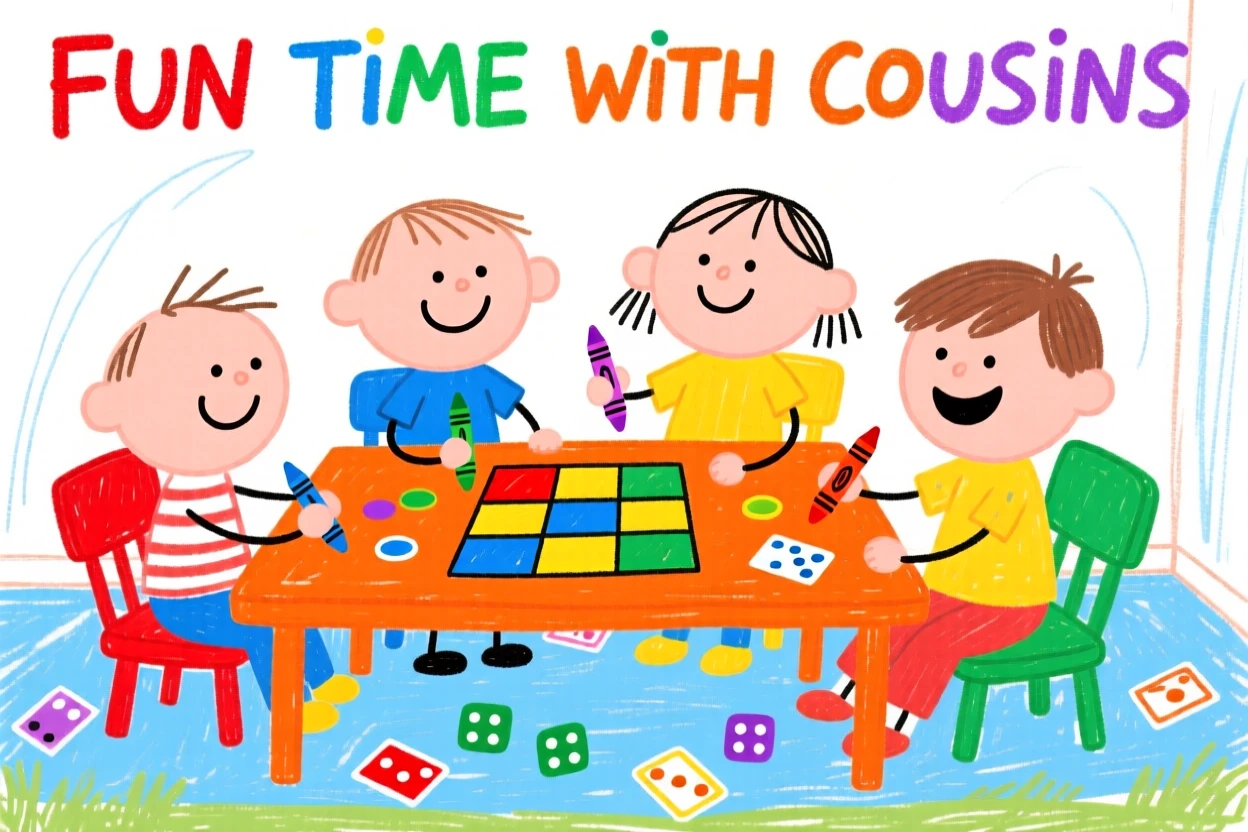 Cousins gathered around a table playing a board game.