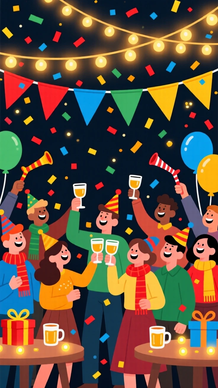 A New Year's party with confetti falling over a joyful crowd, decorated with warm string lights and colorful banners, arranged with cheerful details filling every corner, with warm twinkling lights adding a magical sparkle.