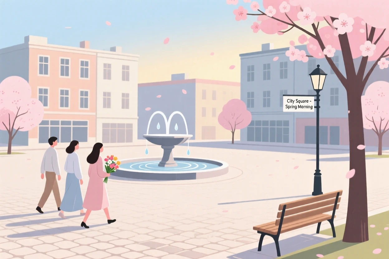 A spring scene of a quiet morning walk in a city square.