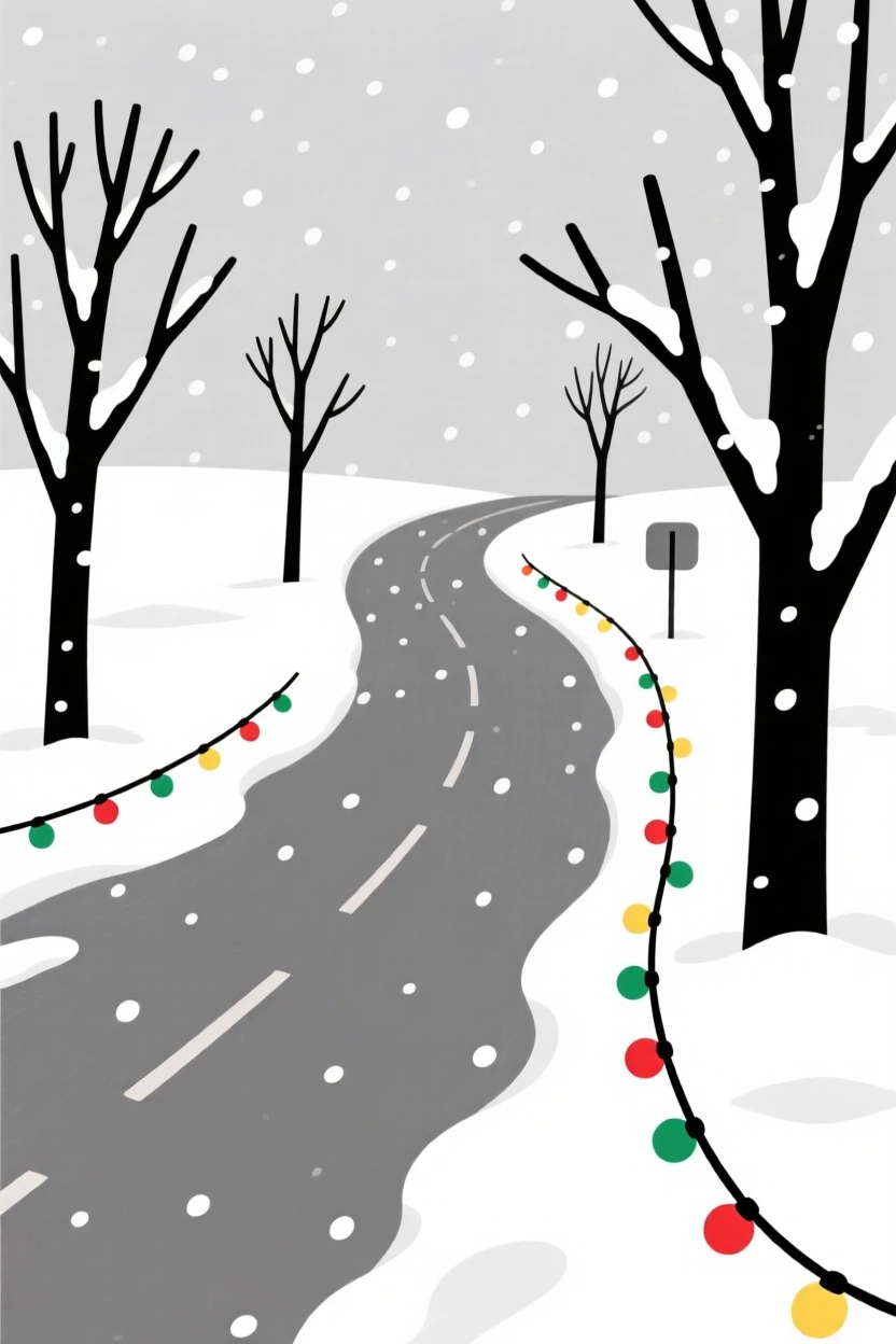 A quiet countryside road, transformed by first snowfall of winter, with a string of holiday lights scattered throughout, captures quiet transformation.