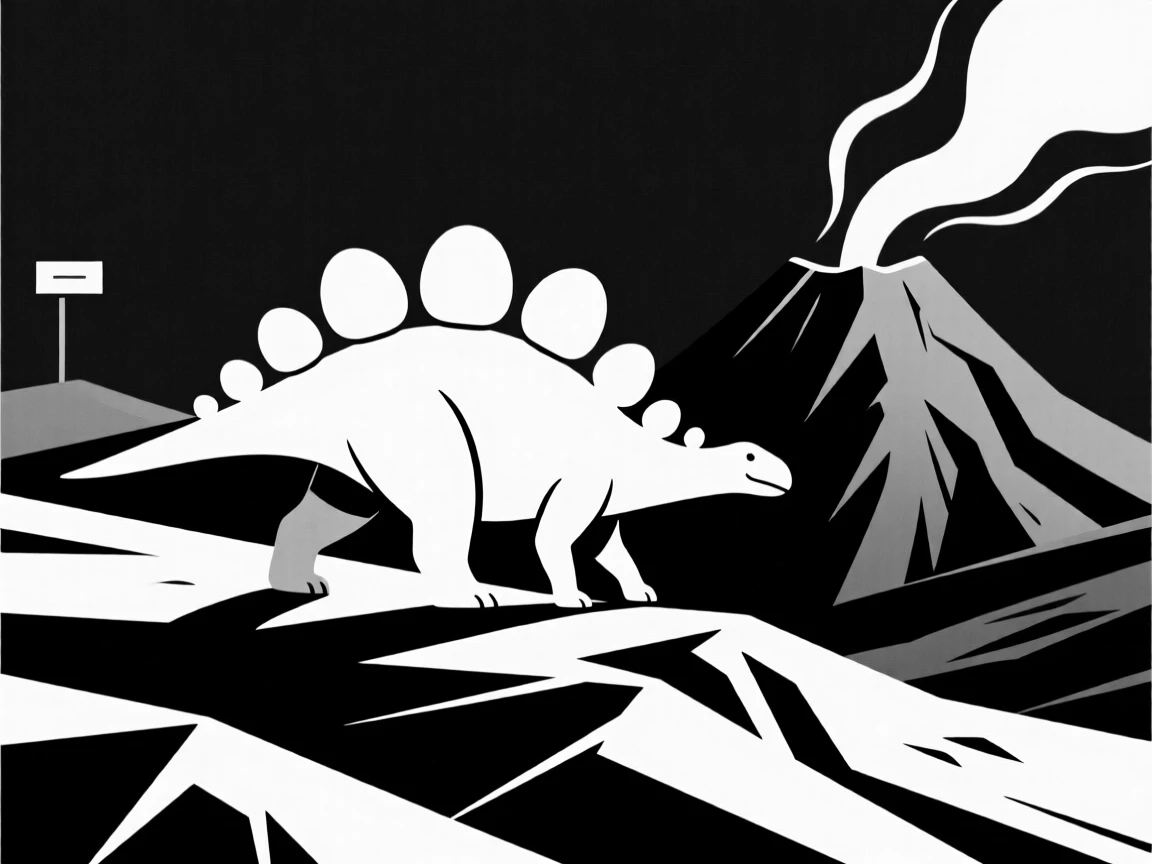 A Stegosaurus walking along a volcanic ridge.