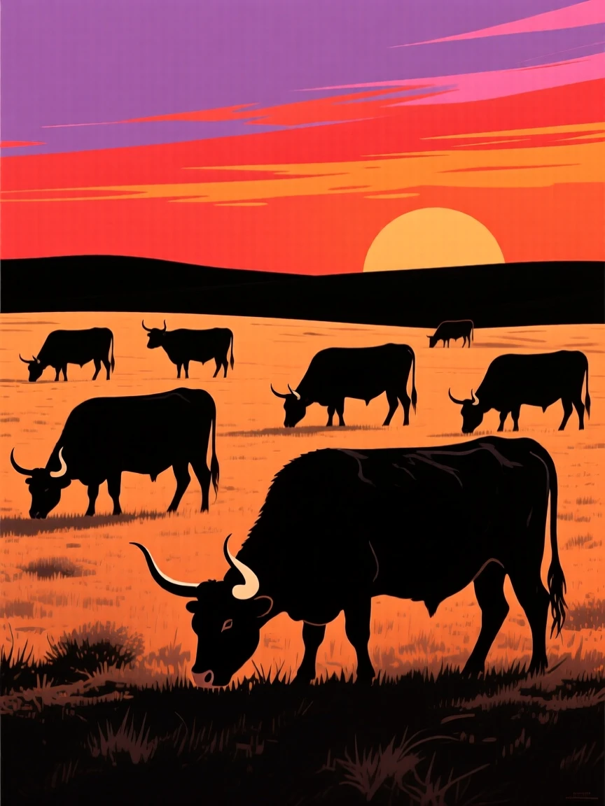A herd of longhorn cattle grazing on an open western plain.