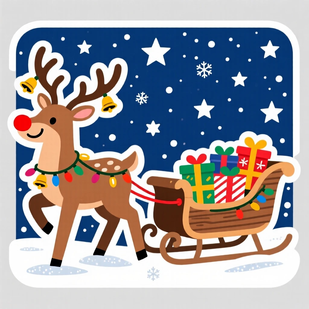 A cheerfully decorated reindeer with a red-nosed friend pulling a sleigh, with a light dusting of glittering snow, under a sky full of stars on a special night.