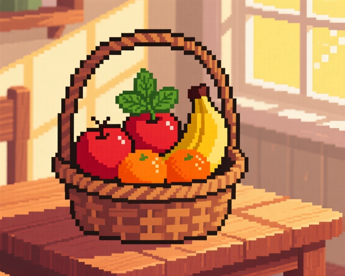A basket of ripe fruit decorated with a sprig of mint, in a sunlit breakfast nook.