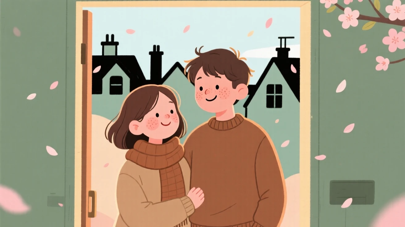 Soft spring petals falls over a row of rooftops as a young couple watches from a cozy doorway, wrapped warmly against the cool evening air.