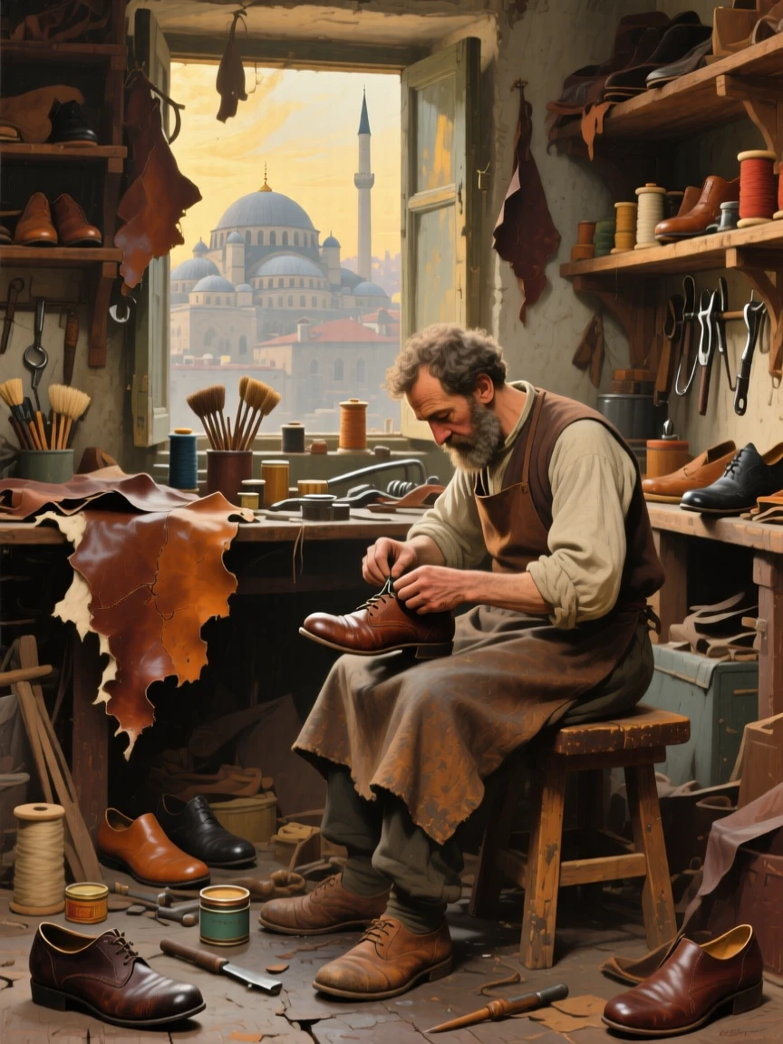 A balanced composition of a cobbler repairing shoes in a cluttered workshop lined with tools, in old Istanbul, in the golden age of steam travel.