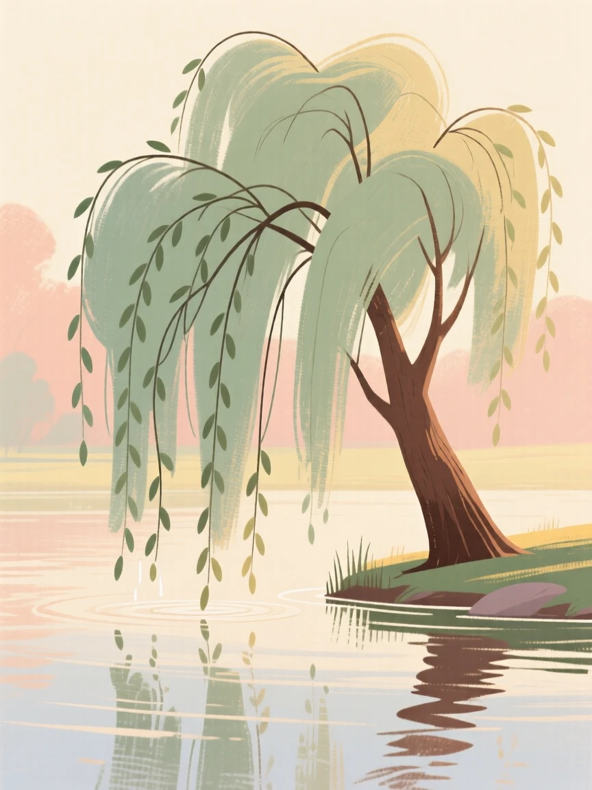 A weeping willow trailing its branches over a still pond