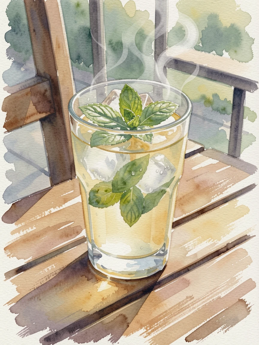 A glass of iced lemonade with mint leaves on a sunlit outdoor patio table with steam gently rising.