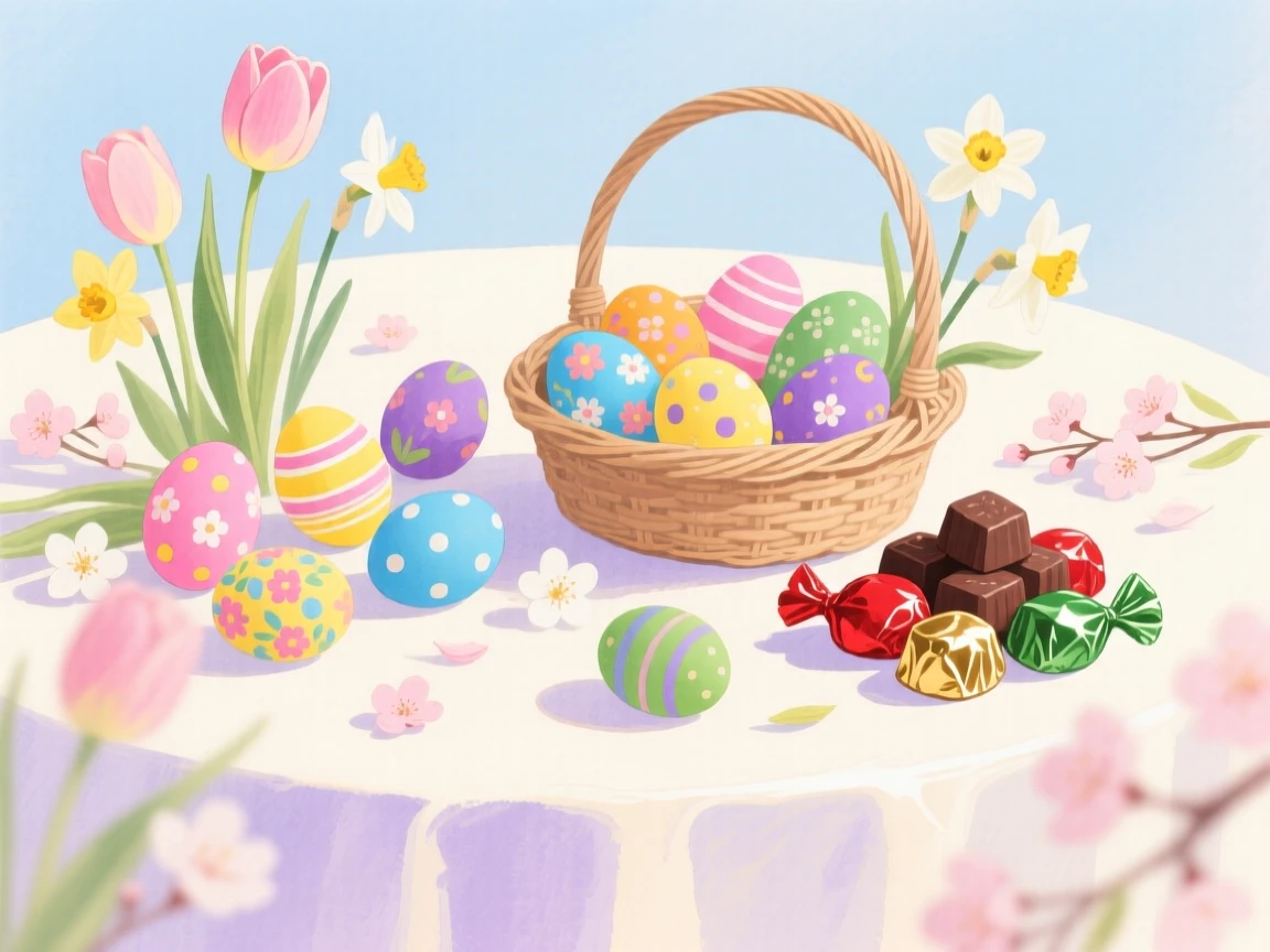 A festive table is set with colorful Easter eggs, spring flowers, and a basket of chocolate treats