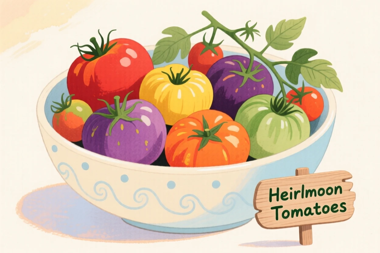 A bowl of colorful heirloom tomatoes, vivid and full of life.