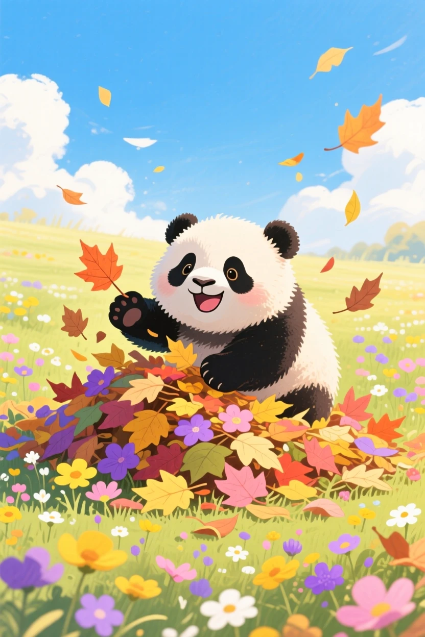 A chubby panda cub playing in a pile of crunchy autumn leaves, set in a meadow bursting with wildflowers under a blue sky, radiating pure innocent joy.