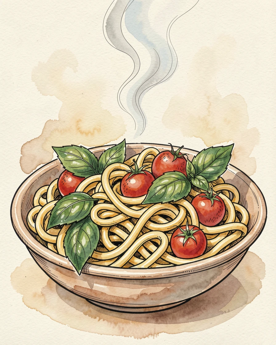 A rustic bowl of pasta tossed with fresh basil and cherry tomatoes, steam curling gently into the warm kitchen air.