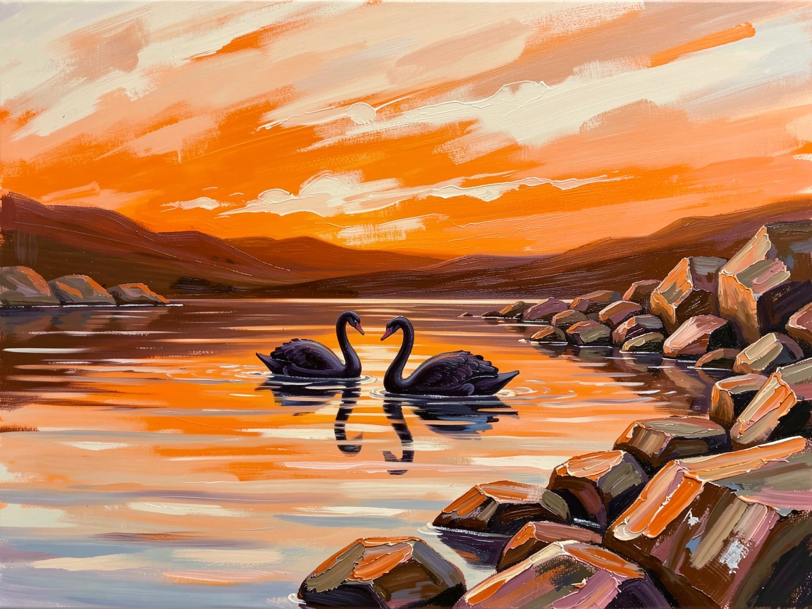 At sunset, silhouetted against a brilliant orange sky, a pair of swans gliding across a still lake, along a rocky riverbank at dawn, its reflection mirrored perfectly in the still water.