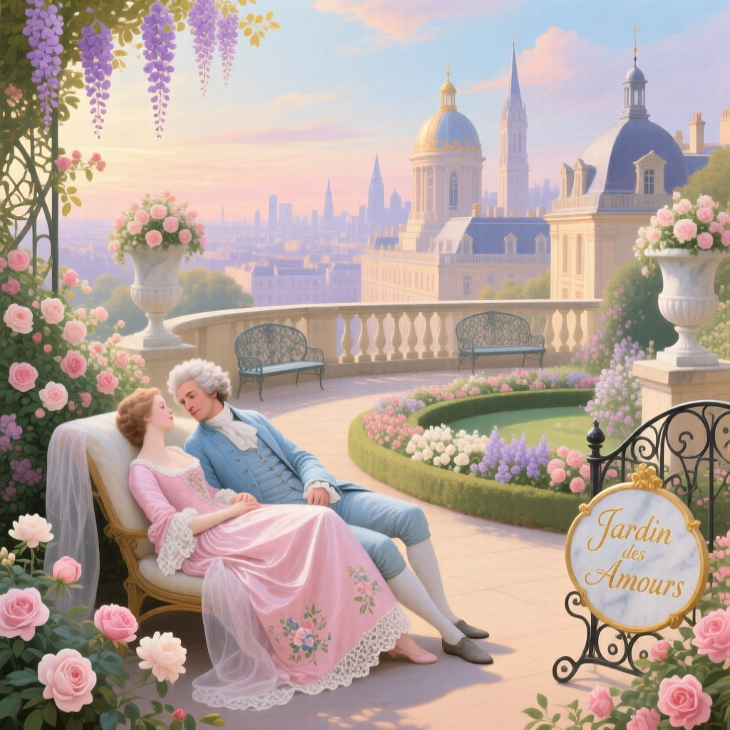 A palace rooftop garden overlooking a city of domes and towers  